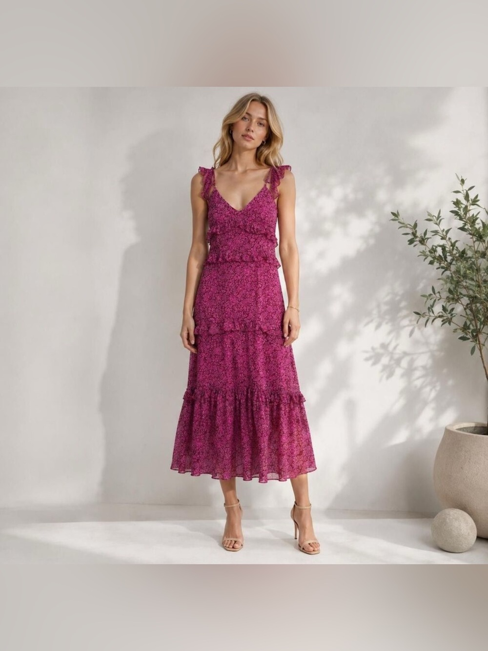 Fuchsia Floral V-Neck Tiered Midi Dress